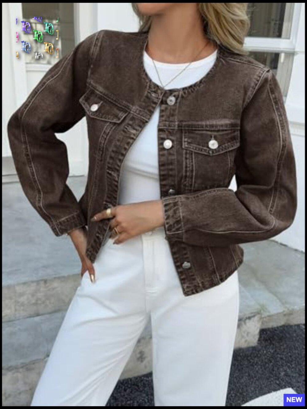 Cropped Denim Jacket Trendy Y2K Slim Fit Button Down Trucker Jacket - Picture 6 of 7